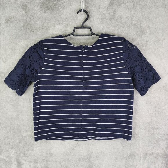 Womens Navy Ann Taylor Loft Striped Crop Top Lace Sleeves Round Neck Size M - Picture 6 of 9